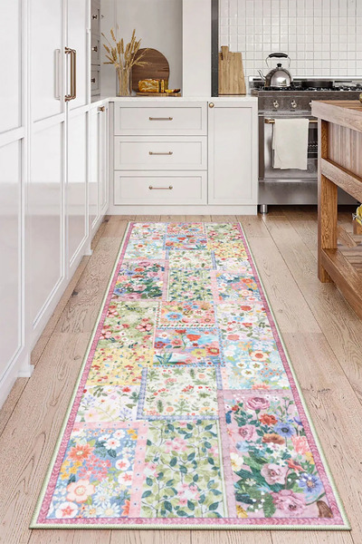 Decomia Home Dijital Kaymaz Yıkanabilir Renkli Çiçek Desenli Salon Halısı Mutfak Halısı Koridor Halısı Yolluk