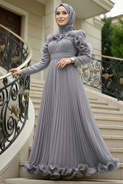 N.S NEVA STYLE Fırfır Detaylı Gri Tesettür Abiye Elbise 55691GR