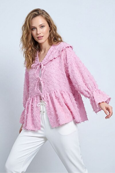MİYALORA Bağcıklı Tüy Dokulu Jakar Kimono - Pembe