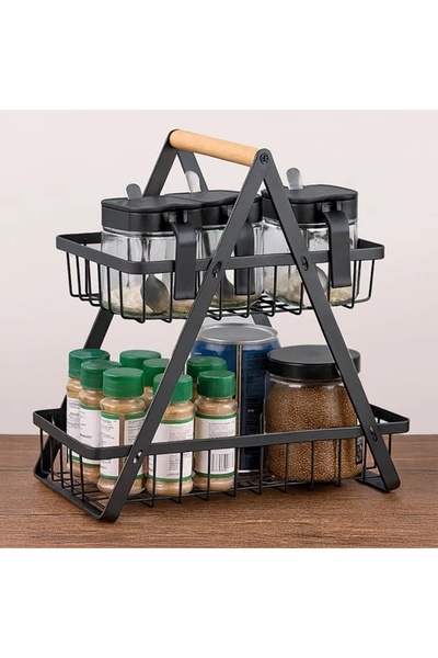 ELITECOMMERCEMARKET Raft Metalic cu 2 Nivele Negre & Maner din Lemn 22x14x26cm