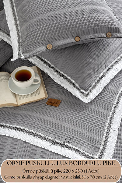 Larispera Σετ κάλυμμα κρεβατιού PIQUE από 100% βαμβάκι με φούντες, με μπορντο...