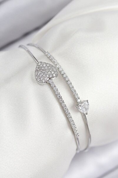 norsary Brass Zircon Stone Heart Model Silver Color Women's Bracelet
