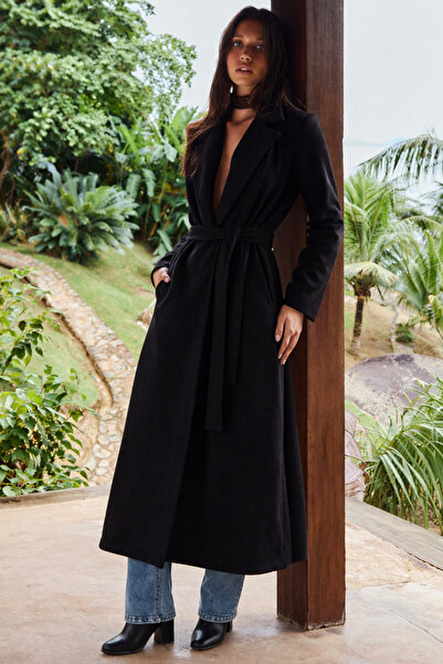 hacker Women's Casual Relax Fit Black Long Cashmere Coat with Pockets