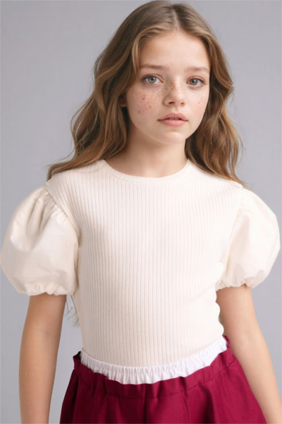 DeFacto Corded Fabric Ribbed Knit Balloon Sleeve T-Shirt Girl Child G7592A826Sm