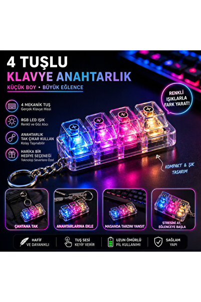 TRUST STORE 4 Tuşlu RGB Klavye Anahtarlık Işıklı Mini Mekanik Keychain LED Ef...