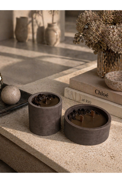 Lethe Design Kokulu Beton Mum Seti – Ahşap Fitilli, Kahve Çekirdekli Lüks Dek...