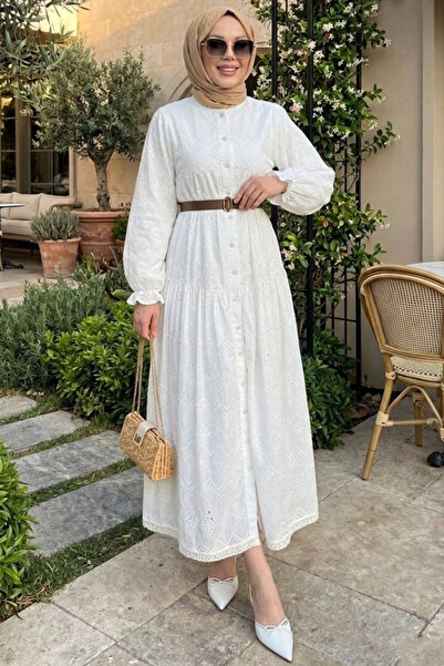 N.S NEVA STYLE Λευκό Φόρεμα Τεσεττούρ με Δαντέλα 41758B