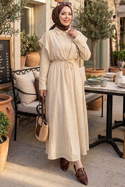 N.S NEVA STYLE Μπεζ Φόρεμα Τεσεττούρ με Δέσιμο στη Μέση 20231BEJ