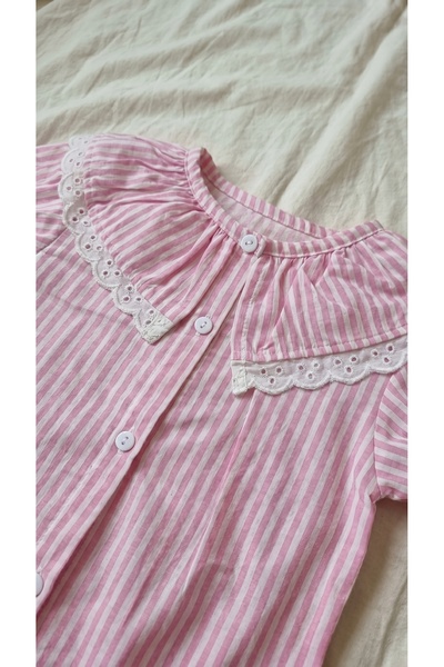 Sabi Girl's Striped Lace Shirt and Jean Shorts Two-Piece Set