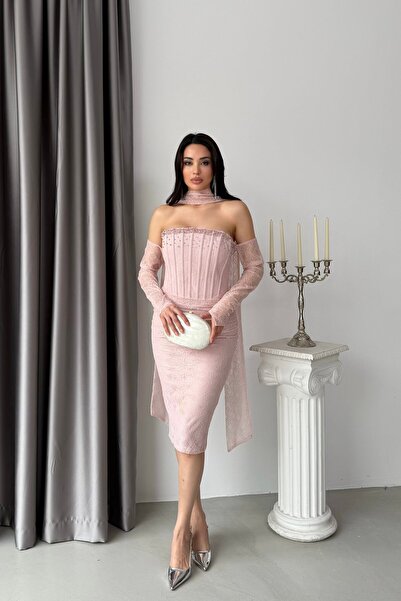 Serica Moda Δαντελένιο μίντι βραδινό φόρεμα με στολισμένο στοιχείο από πούδρα...