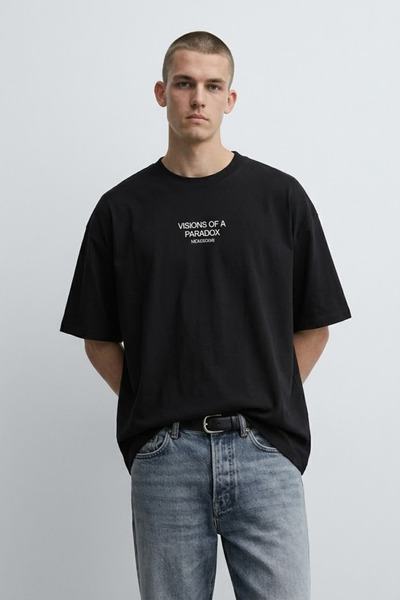 MATERIAL Men's Paradox Text Printed Oversize Black T-Shirt