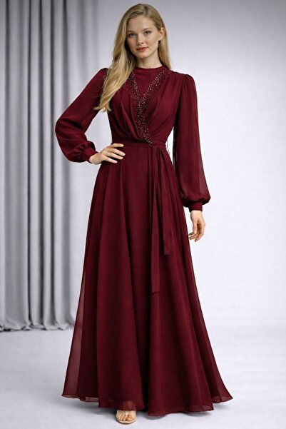 Women's Elegant Stone Detailed Long Chiffon Evening Dress YZ2517
