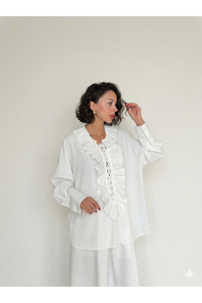 Rute butik Oversized Blouse with Ruffle and Lace-Up Details