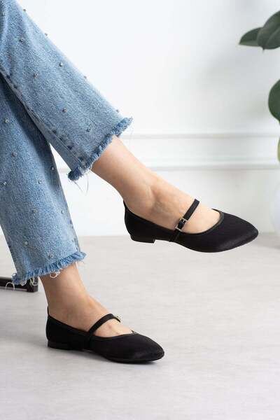 ShoeTek Lofi Women's Flat Shoes with Front Strap and Buckle, Black Satin