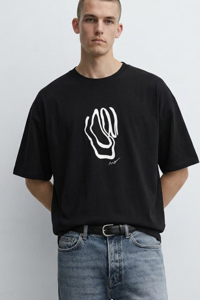 MATERIAL Men's Short Sleeve Patterned Oversize Black T-Shirt