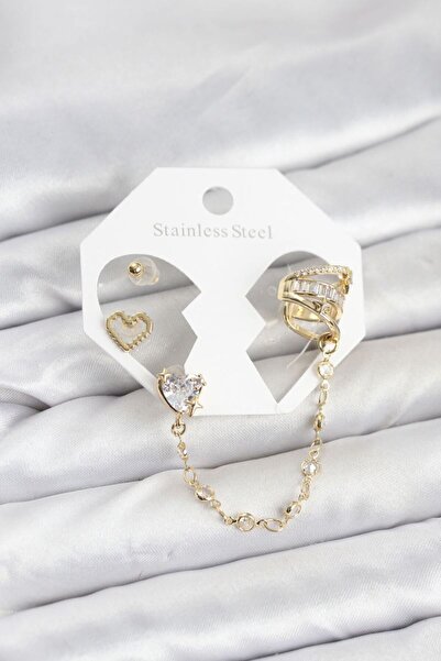 norsary Brass Gold Color Heart Model Chain Linked Ear Cuff Earring Set