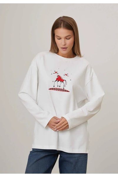 Jose Clothing White Printed Long Sleeve Cotton T-Shirt Suitable for Hijab