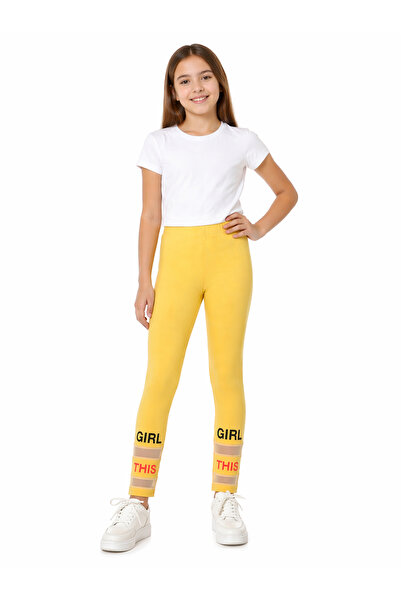 İrem Çocuk Giyim Girl's Girl This Written Mesh Detailed Yellow Color Tights