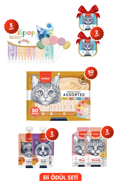 Wanpy 8li Kedi Ödül Seti: Ranova 15li Lolipop + 50li Kedi Ödül Kreması + 2 Ez...