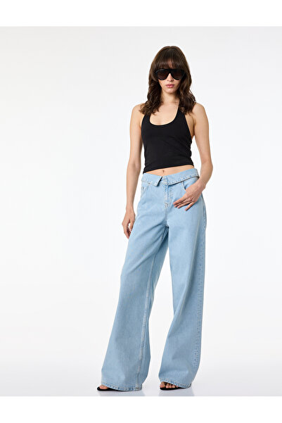Koton Regular Waist Folded Detailed Buttoned Wide Leg Denim Trousers - Wide L...