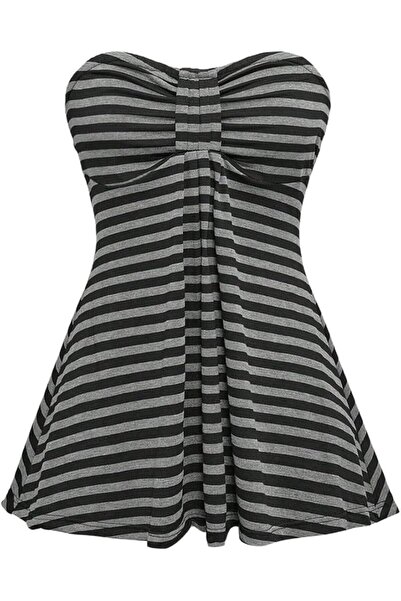 Köstebek Μαύρη Ανθρακί Ριγέ Στράπλες Μπλούζα με Στριφτό Σχέδιο