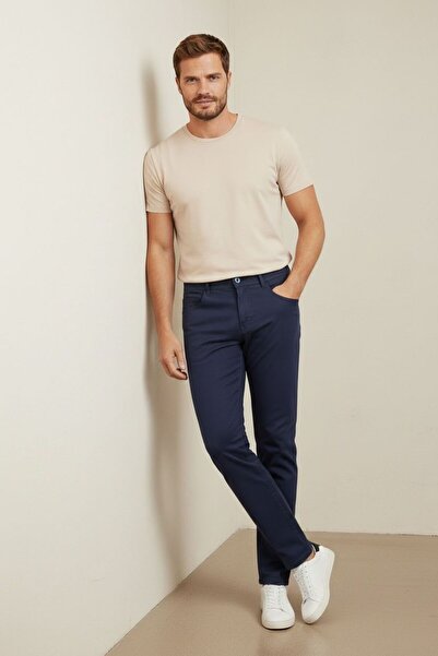 Sarar Παντελόνι Interview Roys από βαμβάκι με λινή όψη σε ναυτικό μπλε χρώμα