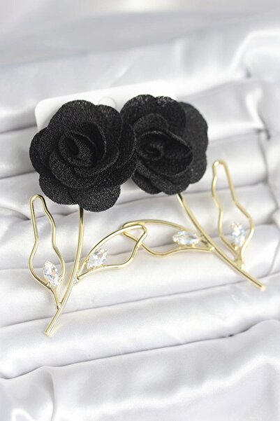 norsary Brass Gold Color Black Rose Model Women's Earrings