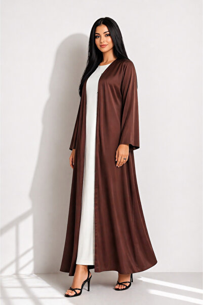 Nozayra Rich Chocolate Brown Open Front Abaya Set with Inner White Dress