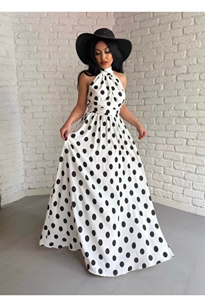 moneta boutique Γυναικείο Πουά Μακρύ Φόρεμα με Δέσιμο στο Λαιμό