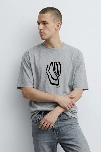 MATERIAL Men's Short Sleeve Patterned Oversize Gray T-Shirt