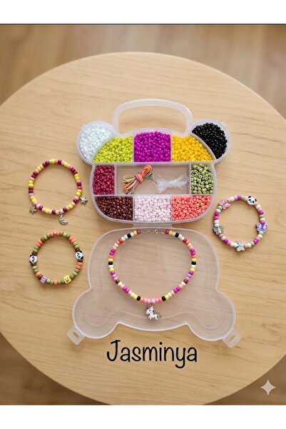 Jasminya 13 Parça Panda Kutulu 10 Renk Boncuk ve Esnek Misina Renkli Paraşüt ...
