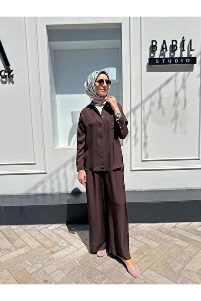 TERZİ DÜKKANI TD4766 Joy Asetat Pantolonlu Kadın Takım Kahve