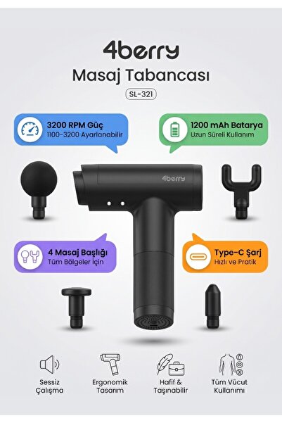 4 Berry SL-321 4 Başlıklı Şarjlı Masaj Tabancası – Derin Doku Kas Rahatlatıcı...