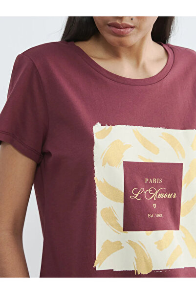 LC Waikiki Γυναικείο μπλουζάκι μπορντό με στάμπα και λαιμόκοψη ποδηλάτου