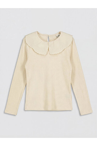 LC Waikiki Εκρού Βρεφικό Μπλουζάκι με Λεπτομέρεια Κοριτσίστικου Γιακά με Παπι...