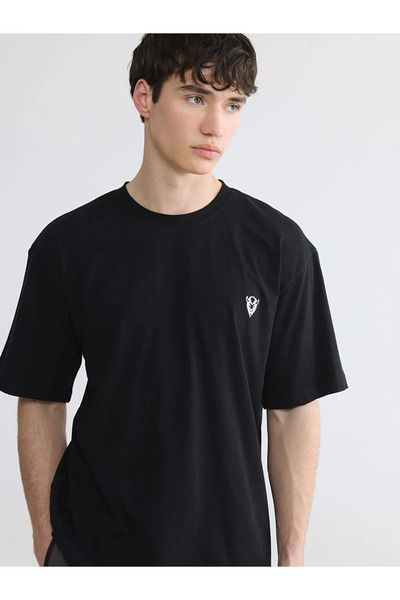 LC Waikiki Tricou negru pentru bărbați, din bumbac pieptănat, cu broderie și ...