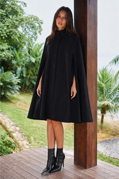 hacker Women's Daily Premium Comfort Black Sleeveless Cashmere Coat Poncho
