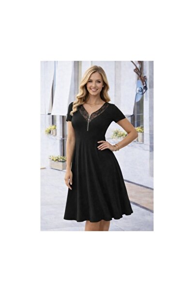 AmorLuxe Women's Short Sleeve Lace V Zipper Collar Long Viscose Dress