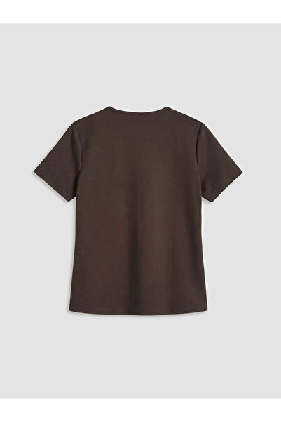 LC Waikiki Καφέ Γυναικείο T-Shirt με Μεταλλική Απλικέ Λεπτομέρεια και Απαλή Υφή