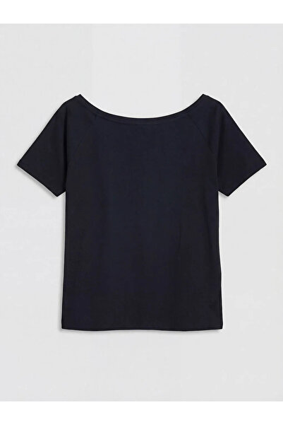 LC Waikiki Μαύρο γυναικείο μπλουζάκι με στάμπα και λαιμόκοψη καγιάκ