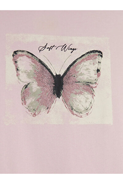 LC Waikiki Γυναικείο μπλουζάκι με ροζ λαιμόκοψη και στάμπα πεταλούδας