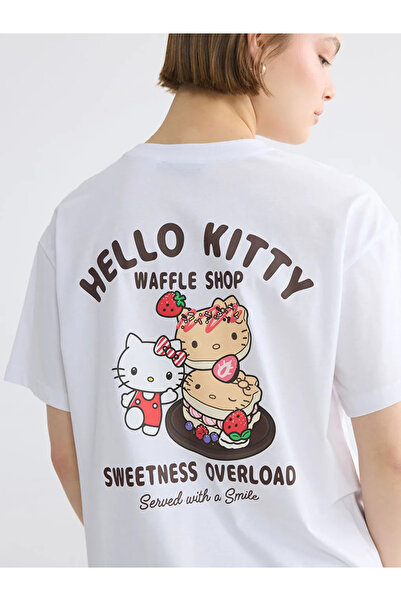 LC Waikiki Λευκό γυναικείο μπλουζάκι με λαιμόκοψη ποδηλάτου και στάμπα Hello ...