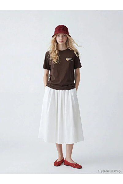 LC Waikiki Καφέ μπλουζάκι με λαιμόκοψη με τύπωμα για γυναίκες