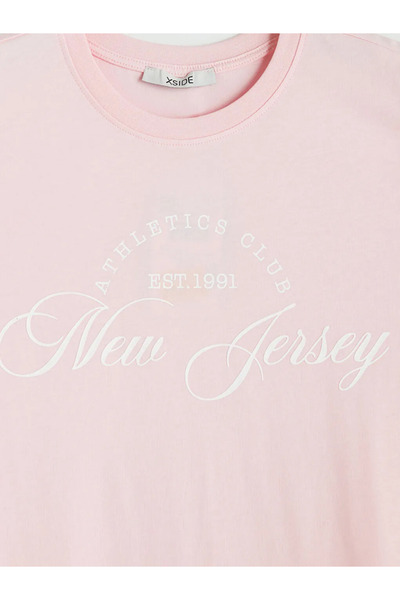 LC Waikiki Ροζ γυναικείο μπλουζάκι με λαιμόκοψη ποδηλάτου και στάμπα New Jersey