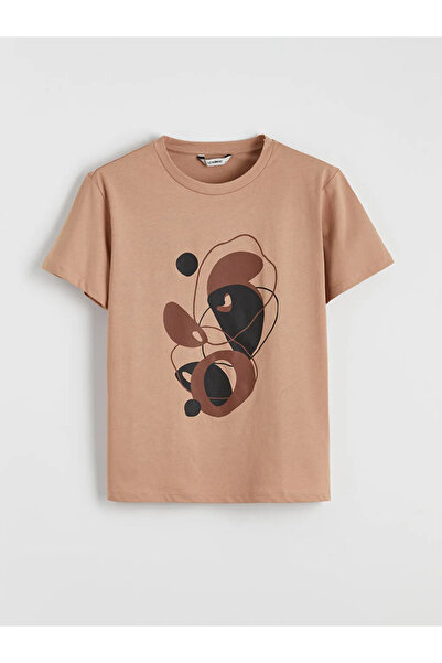 LC Waikiki Καφέ μπλουζάκι με λαιμόκοψη με τύπωμα για γυναίκες