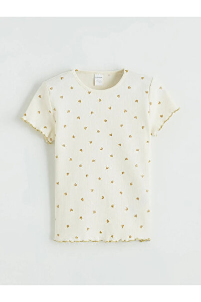 LC Waikiki Ecru Heart Patterned Girls' Ribbed T-Shirt
