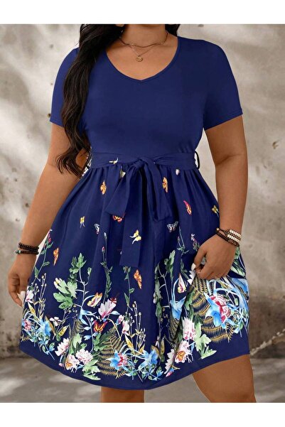Iuliashop Short Navy Blue Dress with Multicolor Print - Plus Sizes - 44