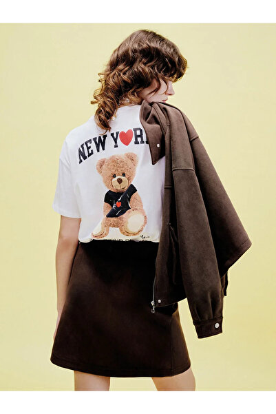 LC Waikiki Λευκό γυναικείο μπλουζάκι με στάμπα Bear Teddy με λαιμόκοψη ποδηλάτου