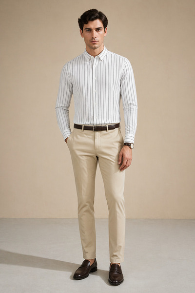 Polo State Ανδρικό λευκό πουκάμισο με λεπτές ρίγες και μακριά μανίκια