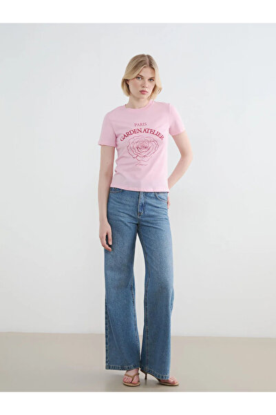 LC Waikiki Ροζ γυναικείο μπλουζάκι με στάμπα Paris